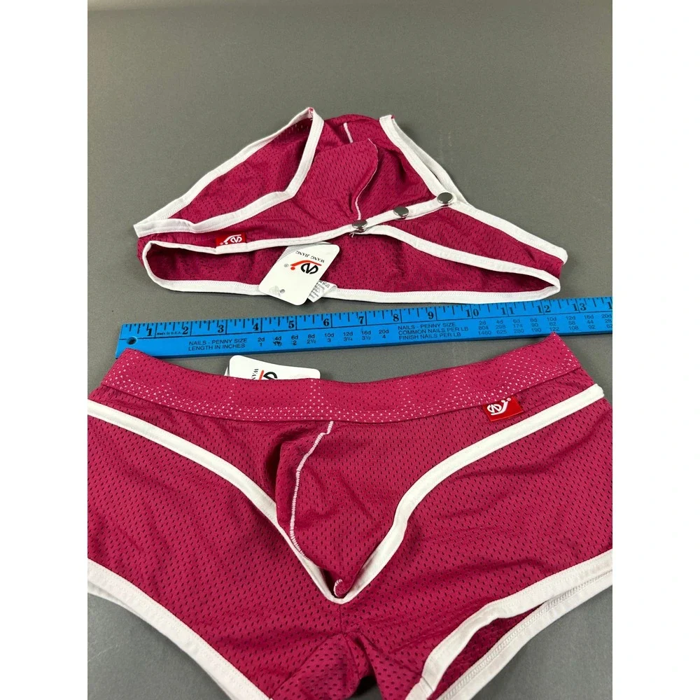 Wang Jiang Mens 2pc Mesh Underwear Set Magenta Pink Briefs Trunks Snap Front S